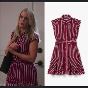 Derek Lam 10 Crosby Burgundy and White Striped shirt Mini Dress size 00 flounce